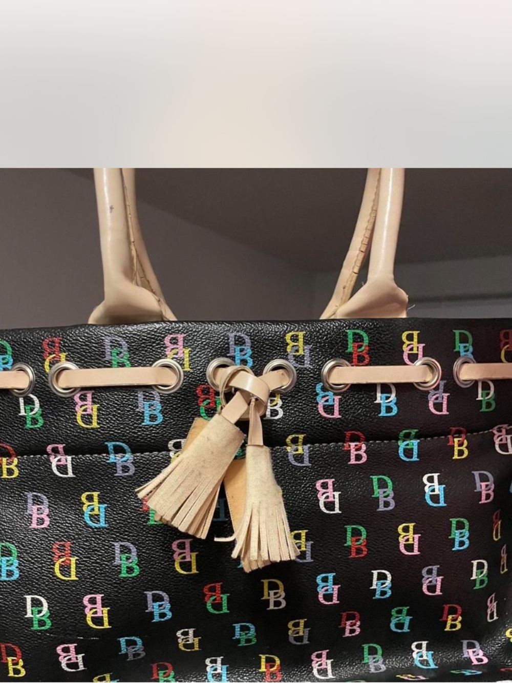 Dooney & Burke Y2K Vintage Black Multicolor Monogram Tote Bag with Beige Tassels